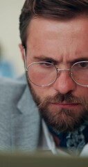 Leinwandbilder - Man, journalist and thinking with computer in office, review and reading with insight, investigation and story. Person, writer and problem solving with editing, feedback or article for newsletter