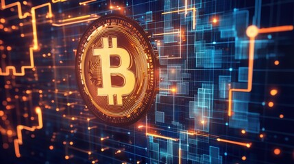 Poster - A bitcoin displayed on a digital background symbolizing the crypto economy theme and modern financial systems