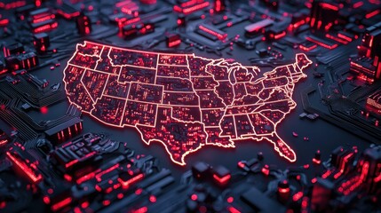 Poster - Illuminated map of the united states with cyberpunk glow highlighting key regions and cities in a digital format