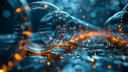 Fototapete - Futuristic light trails in motion: neon spirals and glowing particles on circuitry background
