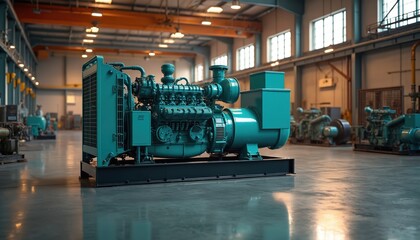 Poster - Big generator machine inside building, electrical emergency. Diesel backup power system, heavy industrial machinery. Energy tech equipment for power supply, mechanical engine. Industrial environment.