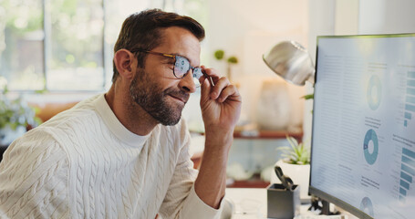 Aufkleber - Reading, charts and man on computer in home for review of graphs for report, thinking or data analysis. Online, remote work or financial analyst with screen for research, solution or problem solving