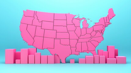 Poster - Mid-century modern artistic representation of the united states featuring a playful pink map design and aesthetic appeal