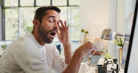 Aufkleber - Yawn, computer and man in office with fatigue, burnout and low energy for deadline with project. Technology, tired and male freelance journalist working on article with bored, overworked and lazy.