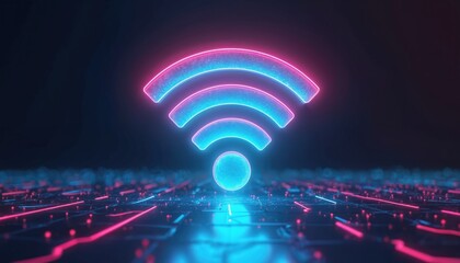 Aufkleber - Glowing Wi-Fi symbol, representing wireless internet connection. Futuristic cyberspace design with blue, pink neon lights. Abstract digital tech communication, network access on dark background,