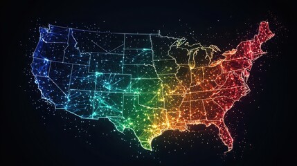 Poster - The united states with a detailed map overlay and a rainbow line network symbolizing connectivity and progress