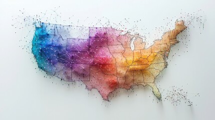 Poster - The united states with a map overlay and a rainbow line network illustrating interconnectedness and innovation