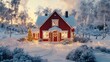 © Yuka - Cozy red house adorned with holiday decorations in a snowy winter landscape at dusk