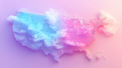 Poster - Vibrant united states map illustrated with pink and blue cloud design in retro pop art style for modern decor