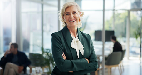 Fototapete - Portrait, arms crossed and mature with business woman in office for event planner, pride and creative director. Exhibition organizer, agency and professional with employee for gallery consultant