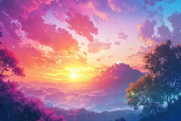 Poster - Stunning sunset timelapse over the mountains and trees with vibrant colors in the sky, Sunset timelapse over mountain and trees with colorful clouds