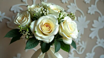 Poster - A bouquet of white roses with green leaves. The roses are arranged in a vase. The vase is placed on a table