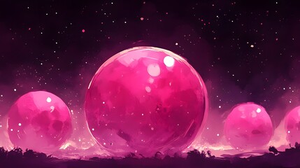 Wall Mural - pink spheres glow, night sky, fantasy landscape, game art