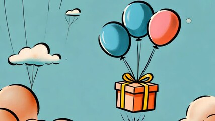Aufkleber - Cartoon box with a red ribbon on top of a cloud. There are three balloons in the air