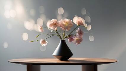 Poster - elegant floral arrangement in a minimalist vase on a wooden table with soft background lighting