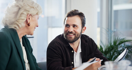 Poster - Client, meeting and teamwork with business people in office for negotiation, feedback and planning. Advisor, consulting and proposal with employee in agency for contract policy, review and project
