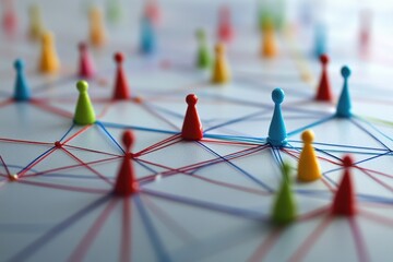 Poster - Network connections are visualized through colorful pegs and strings on a flat surface in a creative arrangement, scope scanning over network of connections