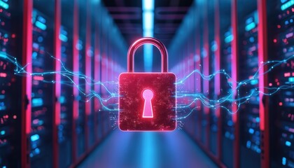 Poster - Cybersecurity lock in vibrant digital server environment. Illustrates data security, protection, safeguarding digital information. Secure data center concept. Firewall, prevention, access control,