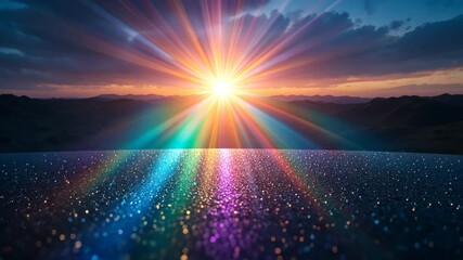 Wall Mural - Spectacular Sunset with Vibrant Light Bursts and Rainbow Reflections Over Dark Horizon