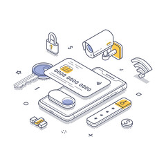 Poster - Credit card security concept, including a smartphone, security cameras, and padlocks. Importance of safeguarding financial transactions in a digital age. Modern isometric line art vector illustration