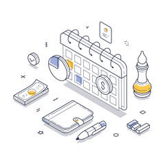 Poster - Business planning tools including a calendar, budget sheets, and strategic game pieces. Modern isometric line art vector illustration