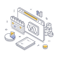 Poster - Financial report elements, including a calendar, charts, and stacks of coins. Data visualization highlighting key financial concepts and metrics. Modern isometric line art vector illustration
