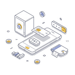 Poster - Smart wallet in isometric line art, highlighting digital payment technology. A mobile phone displays a payment button. Modern isometric line art vector illustration