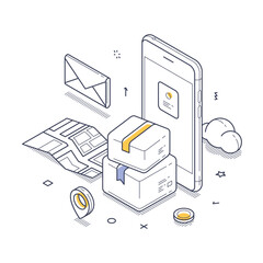 Poster - Safe delivery concept. A smartphone is depicted alongside two packages, an envelope, and a map, highlighting the integration of technology in shipping and logistics. Isometric vector illustration