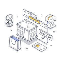 Poster - Online marketplace with a storefront, shopping bag, coins, and packages. It emphasizes the simplicity and accessibility of digital shopping, reflecting modern consumer behavior. Vector illustration