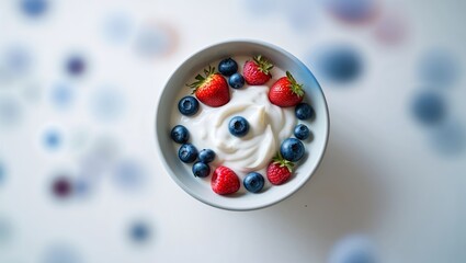 Poster - creamy yogurt bowl topped with fresh strawberries and blueberries at a bright kitchen table