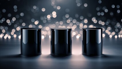 Poster - Unique black cylindrical containers illuminated by soft bokeh lights in a dimly lit space during evening hours
