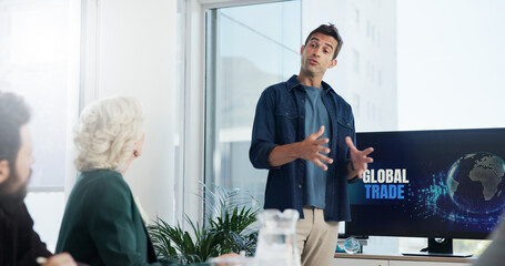 Poster - Presentation, meeting and business people in office with team for global trade, profit or revenue. Discussion, professional and financial manager with group of investors for investment planning.