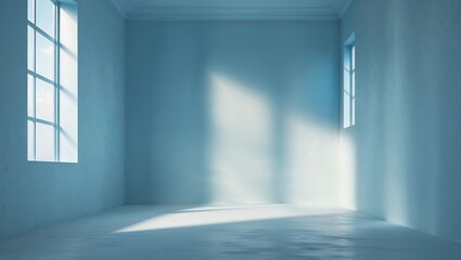 Poster - Bright, minimalist room with blue walls and soft sunlight creating a serene atmosphere
