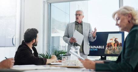 Poster - Presentation, documents and businessman in office with team for sustainable farming corporation. Discussion, professional and mature agriculture CEO with group of investors for investment planning.