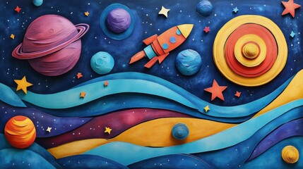Poster - Colorful layered paper cut art features a rocket ship flying through vibrant planets and stars in a deep cosmic space backdrop Generative AI