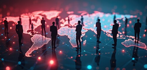 Poster - People network across world map. Businessmen silhouettes stand on digital world map, global network connection. Concept worldwide communication, international cooperation, teamwork.