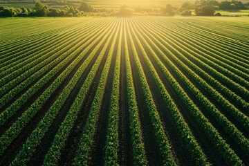 Poster - Stunning aerial view of green crop rows in perfect alignment under soft lighting at sunset Generative AI