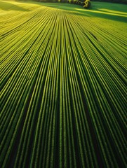 Poster - Perfectly aligned green crop rows stretch into the distance under soft lighting in a natural landscape Generative AI