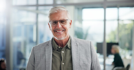 Poster - Portrait, glasses and smile with business man in office for event planner, pride and creative director. Exhibition organizer, agency and professional with mature employee for gallery consultant