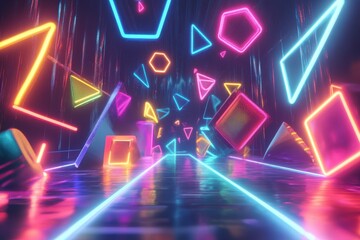 Aufkleber - Shapes move dynamically over a vibrant neon light trail in an immersive digital landscape, shapes moving over neon light trail