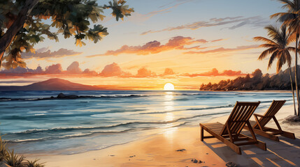 tropical beach with clear turquoise waters and lush greenery under a bright sky. a serene and refres