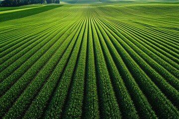 Leinwandbilder - Endless green crop rows create a serene landscape under soft lighting in a minimalist aerial view Generative AI