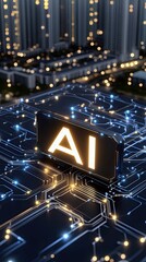 Fototapete - Abstract background showcases AI with glowing letters and connections amidst a dark setting of bokeh lights