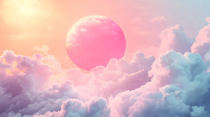 Wall Mural - colorful sky with pink sun and fluffy clouds