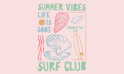 Wall Mural - Surf club. Surfing board design. Seashell vintage artwork. Summer vibes artwork. Seashell line drawing. 