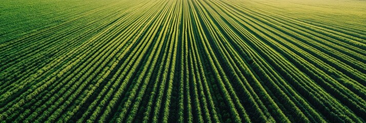 Leinwandbilder - Perfectly aligned green crop rows stretch into the distance with soft lighting and clean symmetry in a tranquil agricultural landscape Generative AI