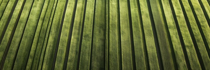 Leinwandbilder - Perfectly aligned green crop rows show beautiful symmetry in an aerial view of farmland during soft lighting Generative AI