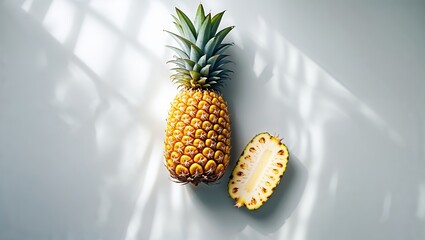 Poster - Fresh pineapple on a light surface with a slice removed showcasing its juicy interior and vibrant texture