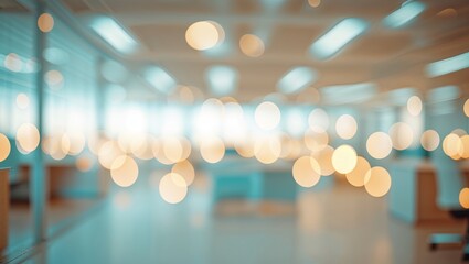 Poster - Softly blurred interior of a modern office space with warm lighting in daytime