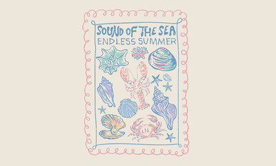 Wall Mural - Seashell line drawing. Crab and lobster design. Sound of the sea. Seashell vintage artwork. Summer vibes artwork.